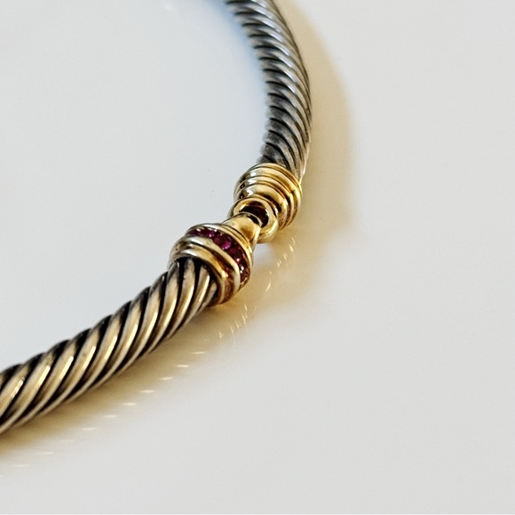 David Yurman Two Tone 925 14k Gold Ruby Cable Link Choker Necklace - Picture 3 of 13